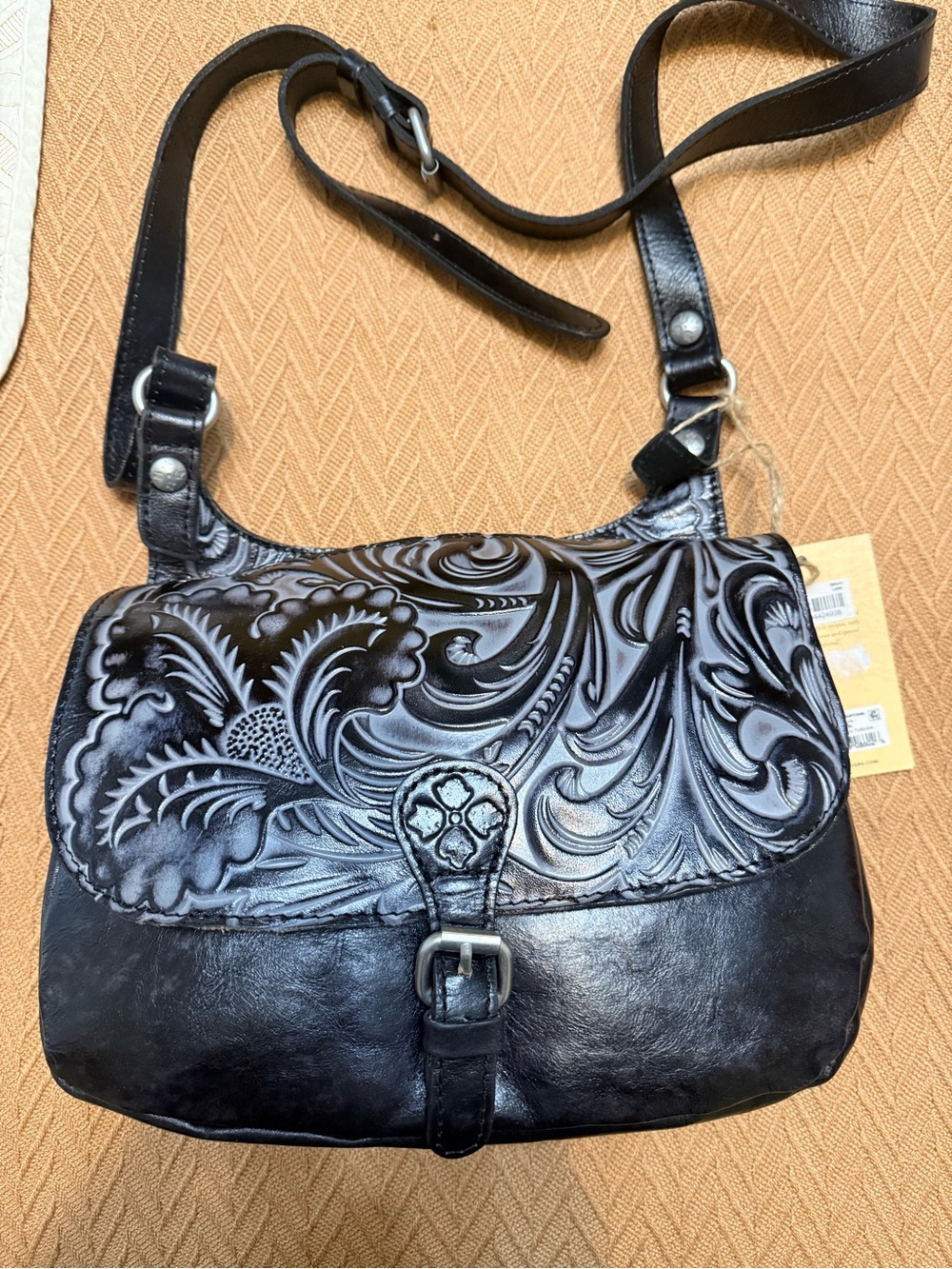 Patricia Nash Black Embossed Floral Leather Crossbody Bag